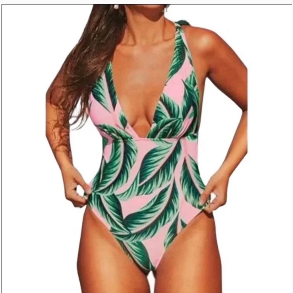 Cupshe pink one piece swim with green palm trees